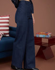 Wide-leg denim pants W/front seam detailing