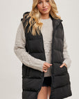 LONG BLACK HOODED PUFFER VEST