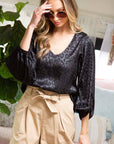 Leopard Print V-Neck Jacquard Satin Blouse Top