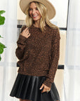 LEOPARD PRINT LONG SLEEVED CREW NECK TOP: BROWN