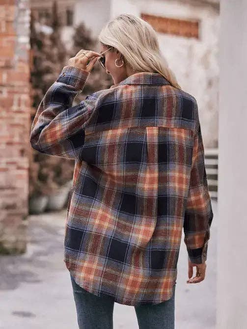 Women’s Caramel Plaid Oversized Flannel Button Down Shirt: Caramel / 100%Polyester / L