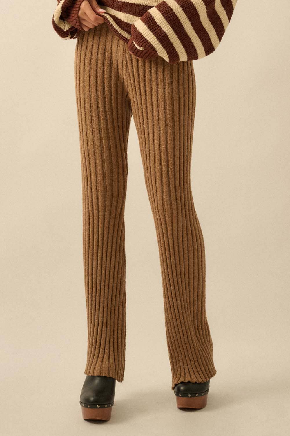 Textured Ribbed Knit Flare Sweater Pants: Taupe