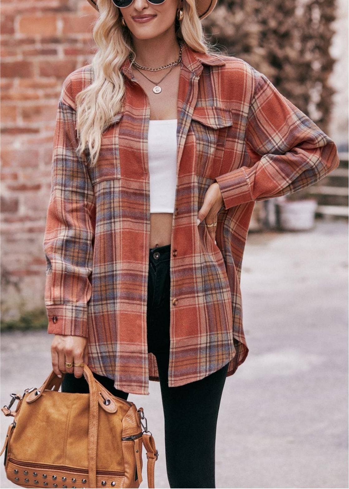 Women’s Caramel Plaid Oversized Flannel Button Down Shirt: Caramel / 100%Polyester / L