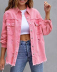 Hot Pink Distressed Denim Jacket Oversized Button Down: Khaki / 65% Cotton+35% Polyester / M