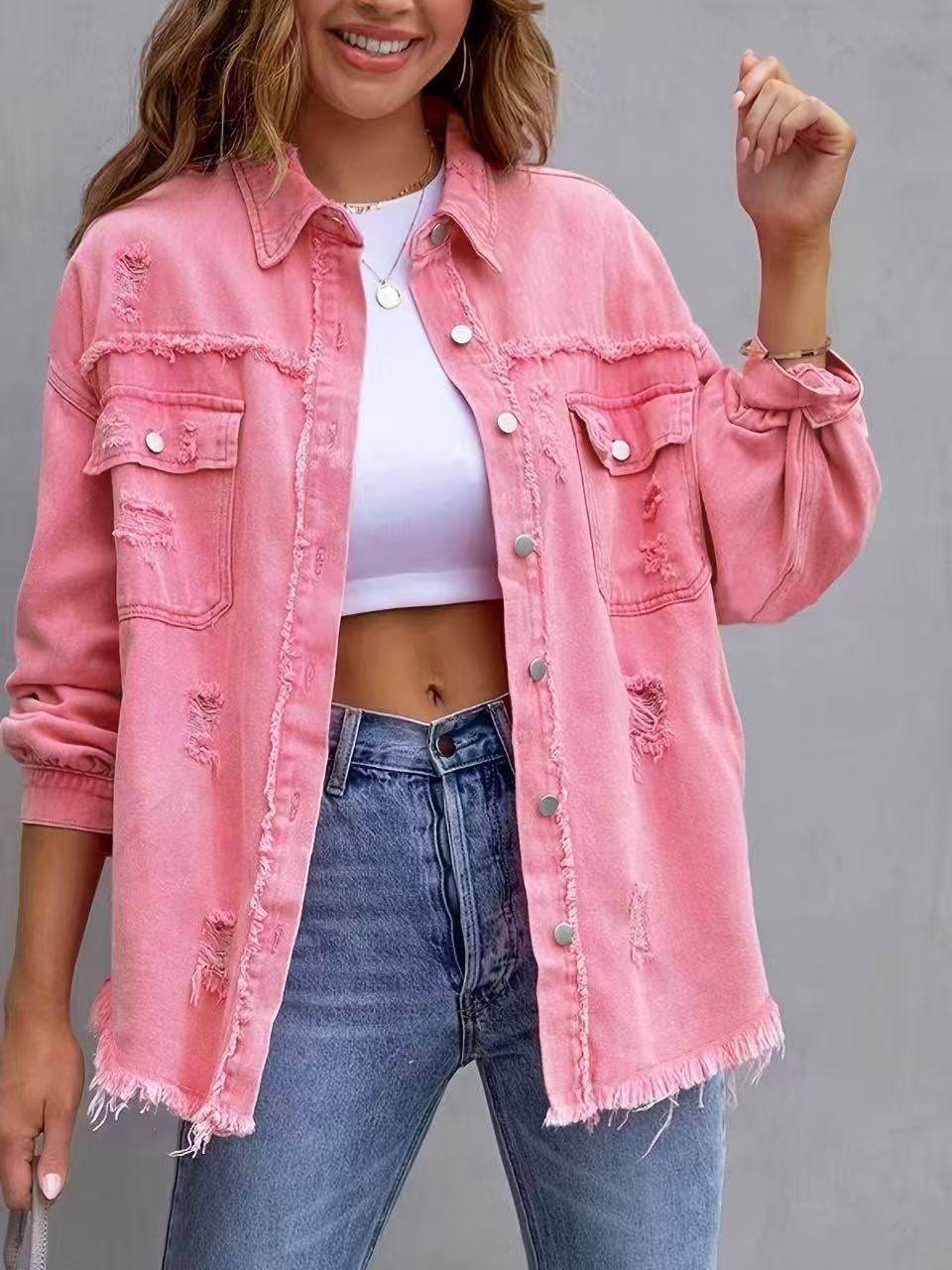 Hot Pink Distressed Denim Jacket Oversized Button Down: Light Gray / 65% Cotton+35% Polyester / M
