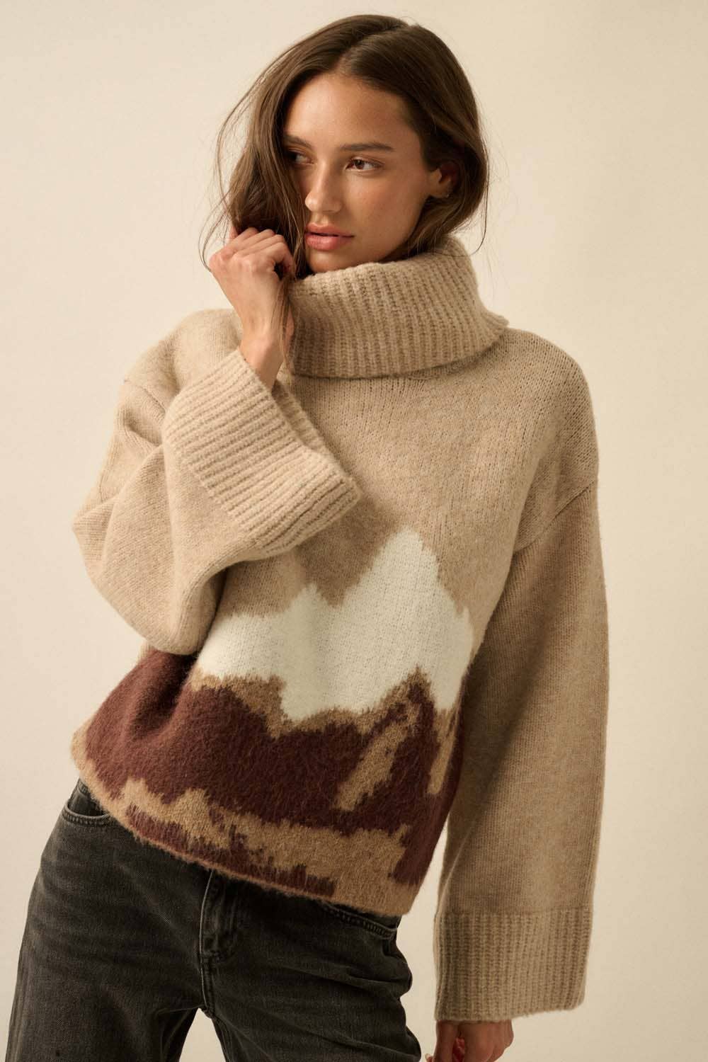 Mountains Fuzzy Jacquard-Knit Turtleneck Sweater: Heather Grey-Black