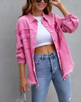 Hot Pink Distressed Denim Jacket Oversized Button Down: Khaki / 65% Cotton+35% Polyester / M