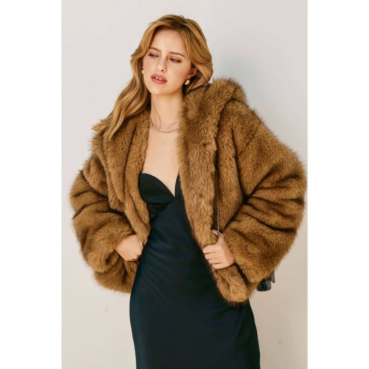 Snow Angel Hooded Furry Jacket: LT BROWN