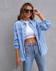 Hot Pink Distressed Denim Jacket Oversized Button Down: Khaki / 65% Cotton+35% Polyester / L