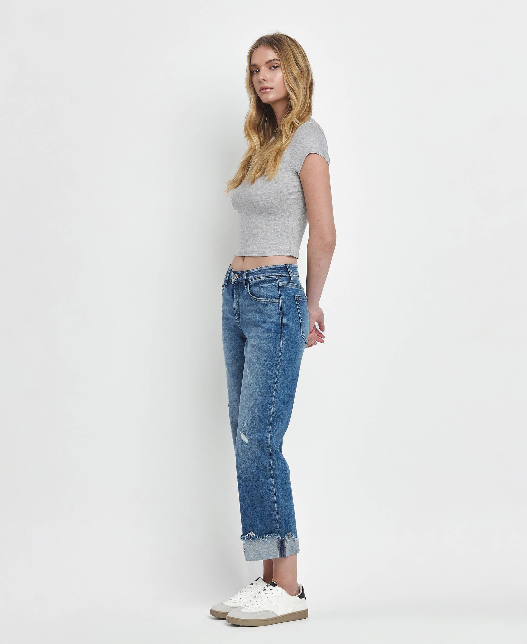 MID RISE RAW CUFFED HEM SLIM WIDE JEANS F5861: FOUR SEASON