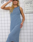 WASHED STRIPE SLEEVELESS TANK KNIT MIDI DRESS: DENIM
