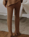 Textured Ribbed Knit Flare Sweater Pants: Taupe