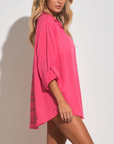 HOT PINK BRAPHIC BUTTON-UP SHIRT/COVERUP