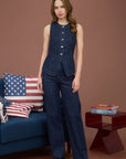 Sleeveless round-neck denim vest with functional buttons