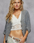 V-neck crochet woven roomy fit cardigan top- GREY