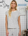 STRIPE ROUND NECK SHORT SLEEVE KNIT TOP: NAVY