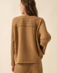 Textured Knit Ribbed-Sleeve Rolled-Edge Sweater: Taupe