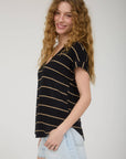 STRIPE V NECK CUFFED SHORT SLEEVE KNIT TOP: LIGHT KHAKI