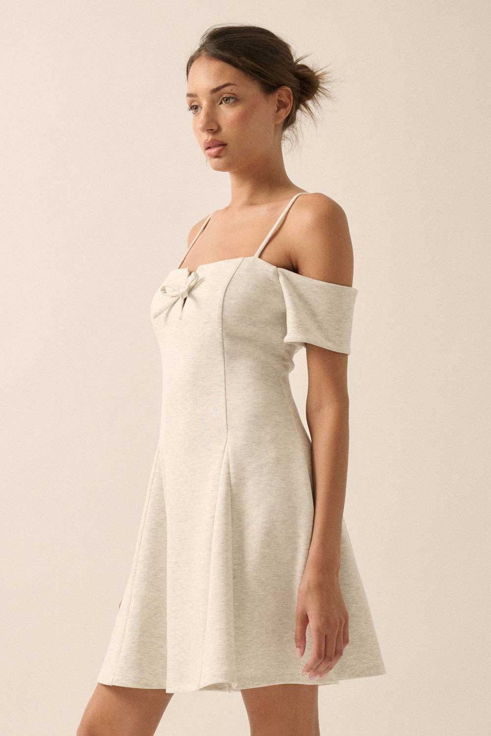 Scuba Knit Cold-Shoulder Fit-and-Flare Mini Dress: CREAM No Roots Boutique Scuba Knit Cold-Shoulder Fit-and-Flare Mini Dress: CREAM No Roots Boutique