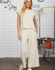 STRIPE ROUND NECK SHORT SLEEVE KNIT TOP: OLIVE