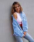 Hot Pink Distressed Denim Jacket Oversized Button Down: Light Gray / 65% Cotton+35% Polyester / S