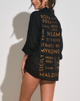 BLACK BUTTON-DOWN GRAPHIC COVER UP/SHIRT