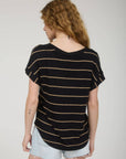 STRIPE V NECK CUFFED SHORT SLEEVE KNIT TOP: LIGHT KHAKI
