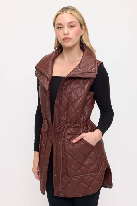 VA8021: Luxe Quilted Faux Leather Vest: Brown / M