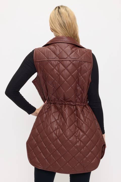 VA8021: Luxe Quilted Faux Leather Vest: Brown / L