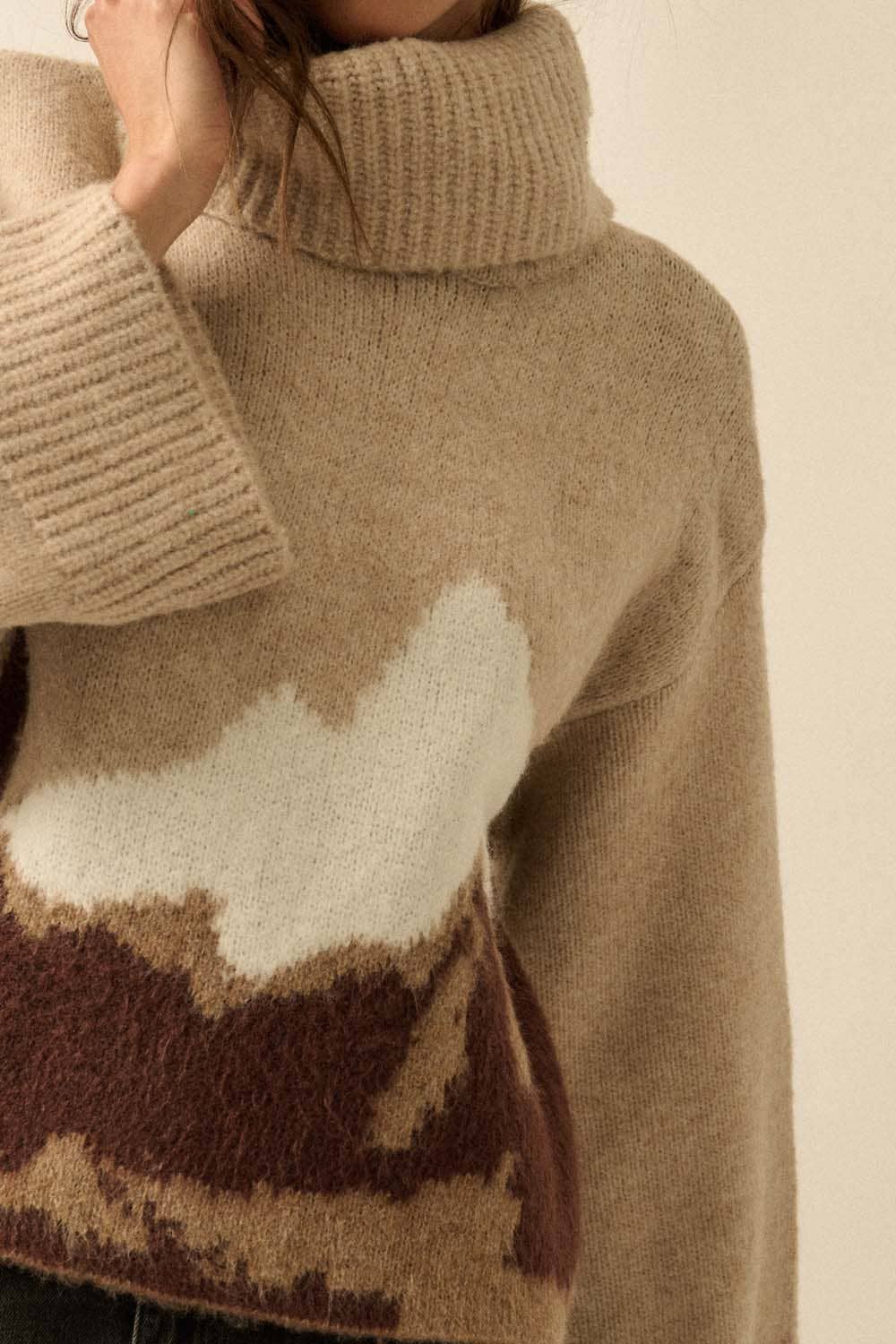 Mountains Fuzzy Jacquard-Knit Turtleneck Sweater: Heather Grey-Black
