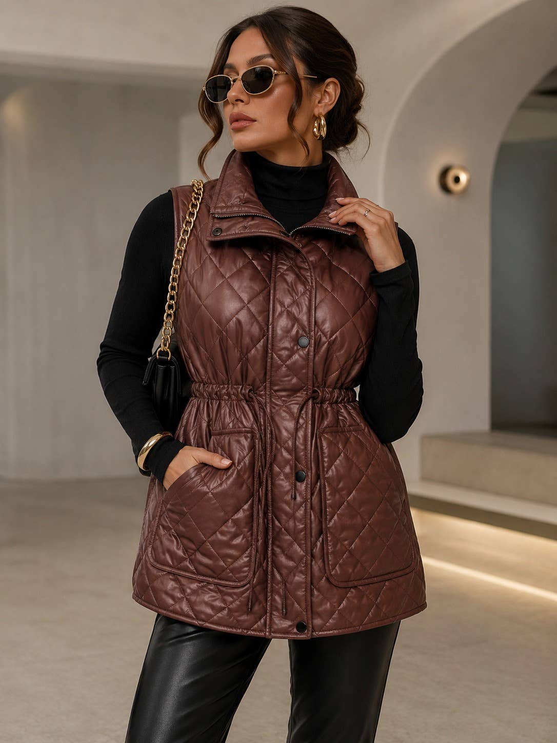 VA8021: Luxe Quilted Faux Leather Vest: Brown / S