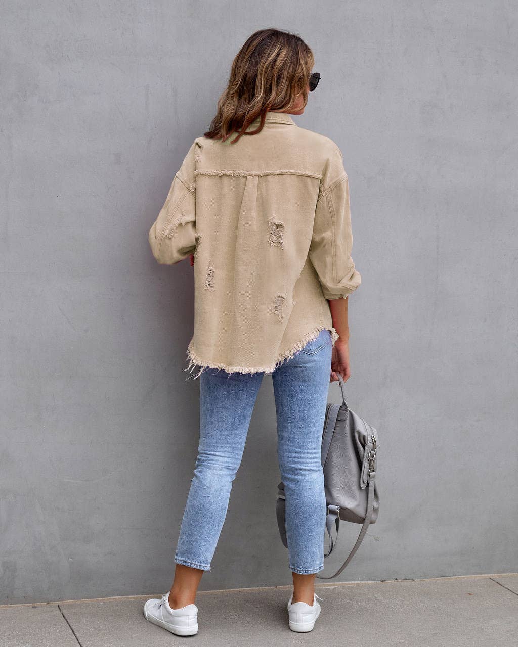 Hot Pink Distressed Denim Jacket Oversized Button Down: Khaki / 65% Cotton+35% Polyester / S