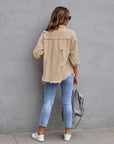 Hot Pink Distressed Denim Jacket Oversized Button Down: Light Gray / 65% Cotton+35% Polyester / L