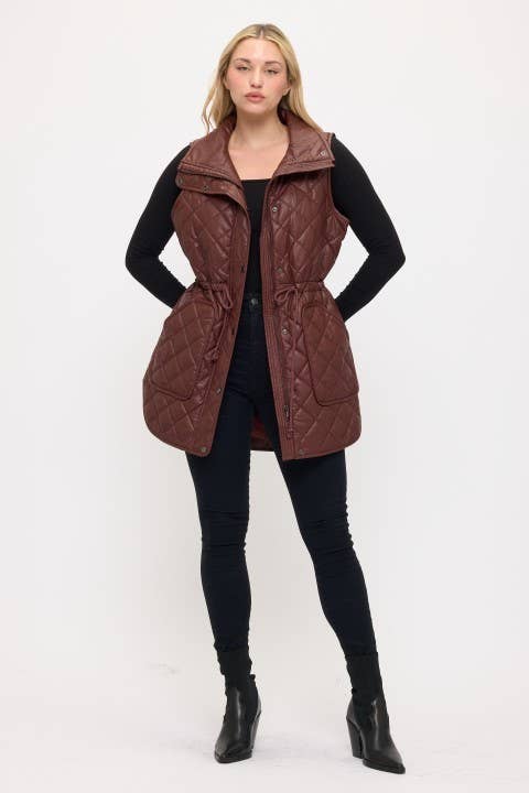 VA8021: Luxe Quilted Faux Leather Vest: Brown / L