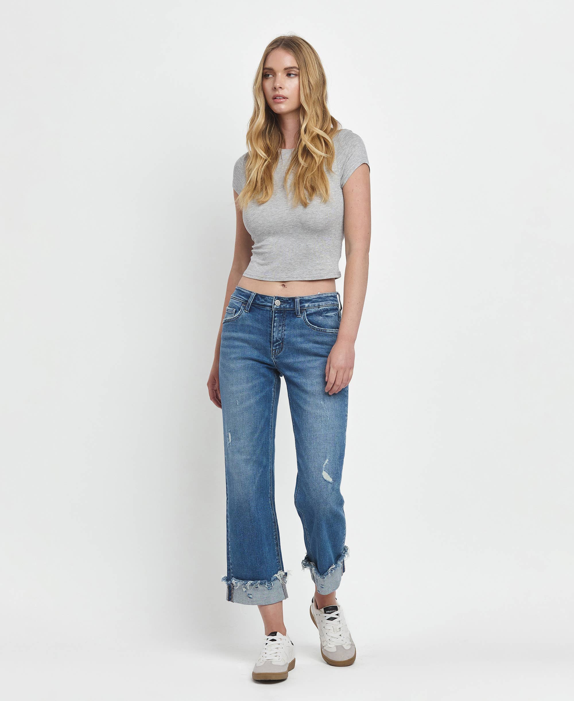 MID RISE RAW CUFFED HEM SLIM WIDE JEANS F5861: FOUR SEASON