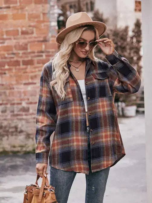 Women’s Caramel Plaid Oversized Flannel Button Down Shirt: Khaki / 100%Polyester / L
