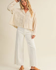 LACE TRIMMED BUTTON-DOWN SHIRT/OATMEAL