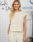 STRIPE ROUND NECK SHORT SLEEVE KNIT TOP: OLIVE