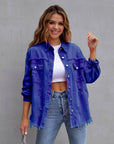 Hot Pink Distressed Denim Jacket Oversized Button Down: Light Gray / 65% Cotton+35% Polyester / L