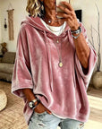 Women’s Velvet Hooded Poncho Top Oversized 3/4 Sleeve: Black / 95%Polyester+5%Elastane / XL