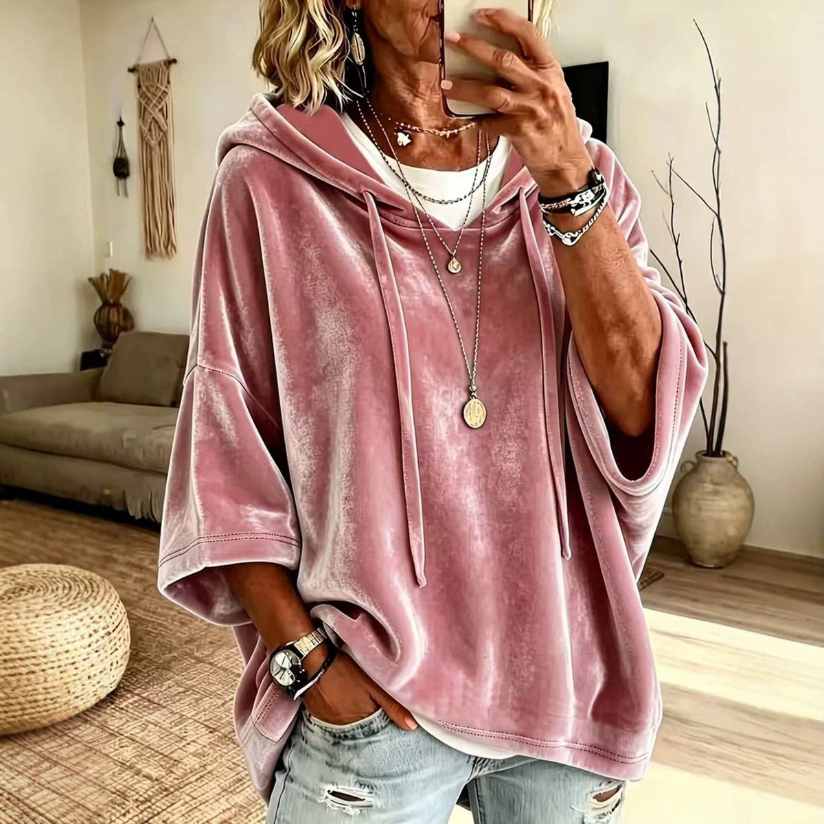 Women’s Velvet Hooded Poncho Top Oversized 3/4 Sleeve: Black / 95%Polyester+5%Elastane / M