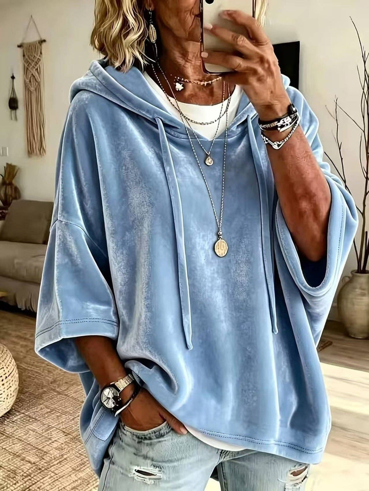Women’s Velvet Hooded Poncho Top Oversized 3/4 Sleeve: Black / 95%Polyester+5%Elastane / XL