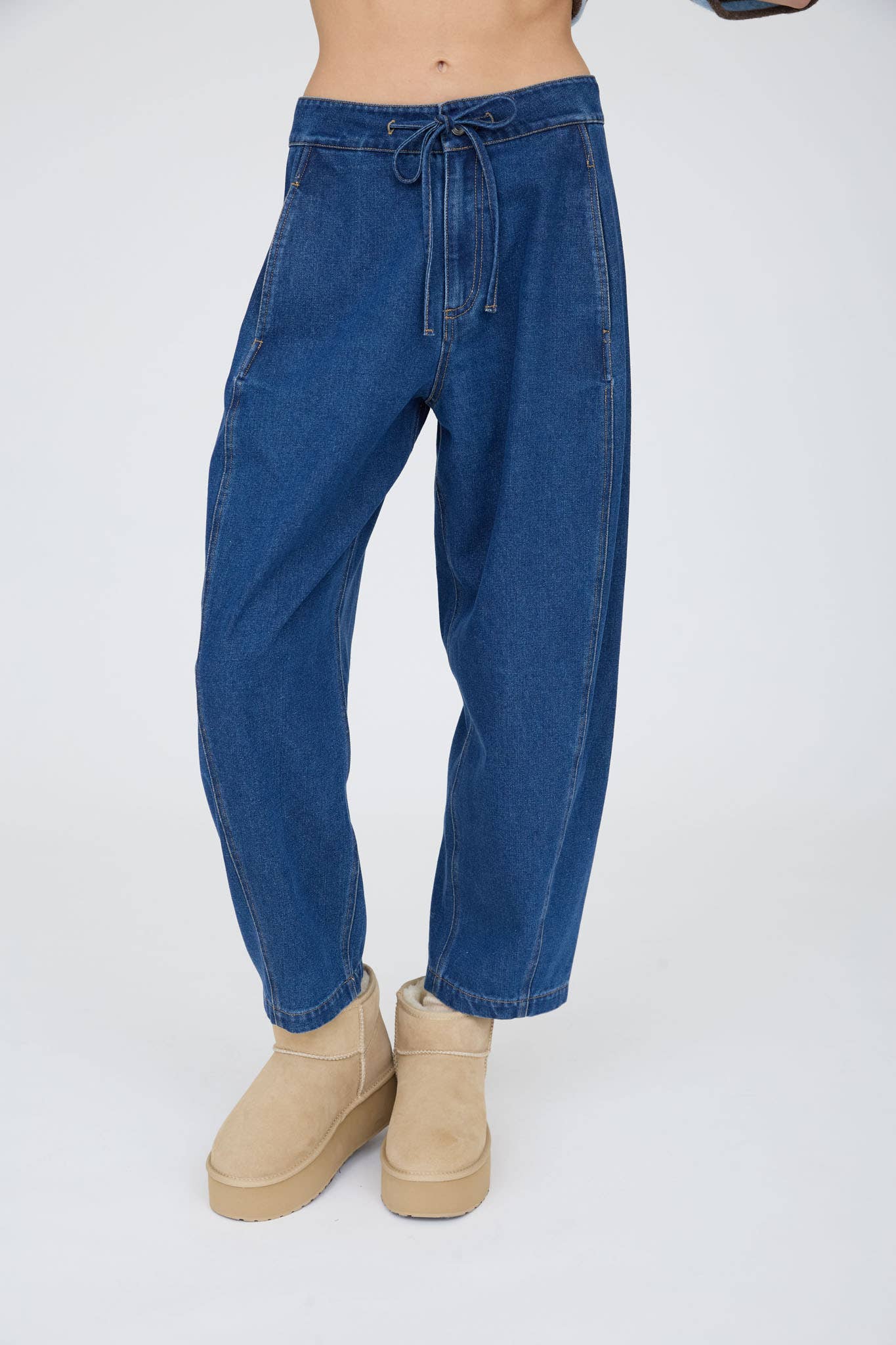 HIGH WAIST FRONT TIE WIDE LEG CROPPED PANTS: INDIGO
