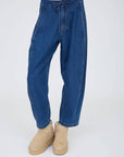 HIGH WAIST FRONT TIE WIDE LEG CROPPED PANTS: INDIGO