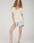 STRIPE V NECK CUFFED SHORT SLEEVE KNIT TOP: CREAM