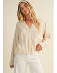 LACE TRIMMED BUTTON-DOWN SHIRT/OATMEAL
