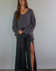 Knit Sweater Nylon Acrylic Ribbed V-Neck Pullover: Charcoal