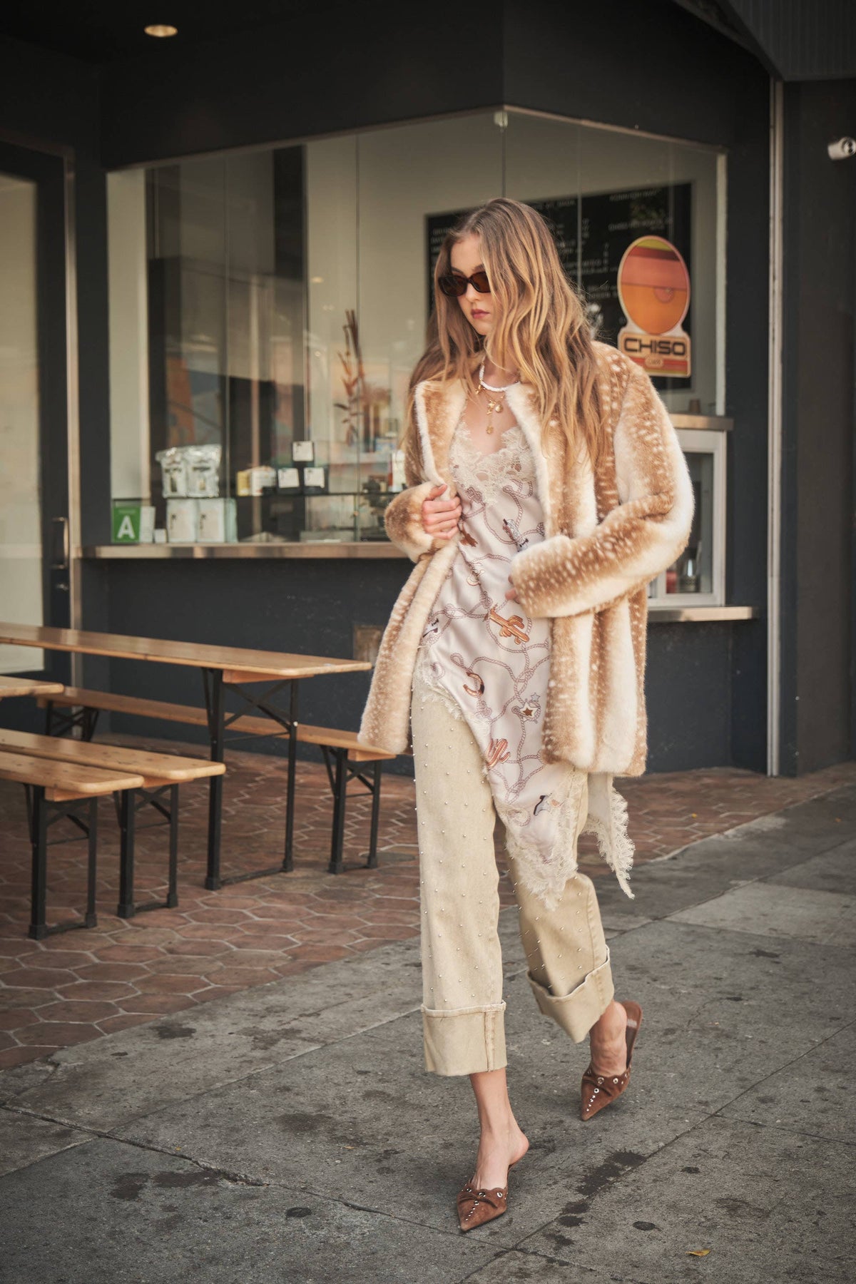 25046J Deer Print Faux Fur Coat: TAUPE / S-M-L (2-2-2)