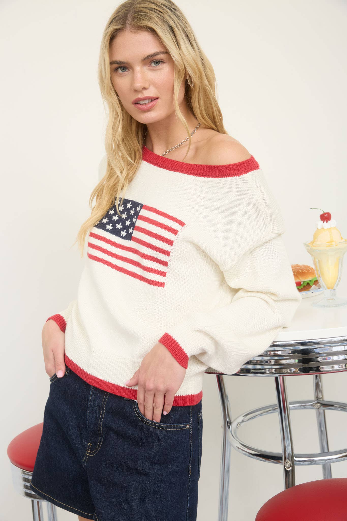 CONTRAST TRIM AMERICAN FLAG KNIT PULLOVER SWEATER : IVORY