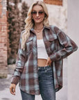 Women’s Caramel Plaid Oversized Flannel Button Down Shirt: Blue / 100%Polyester / M